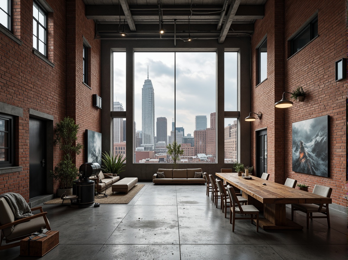 Prompt: Industrial-style buildings, exposed brick walls, steel beams, concrete floors, minimalist decor, functional simplicity, bold color schemes, geometric shapes, clean lines, rectangular forms, metallic accents, distressed wood textures, vintage machinery parts, urban cityscape, cloudy day, soft diffused lighting, shallow depth of field, 2/3 composition, cinematic view, realistic renderings, ambient occlusion.