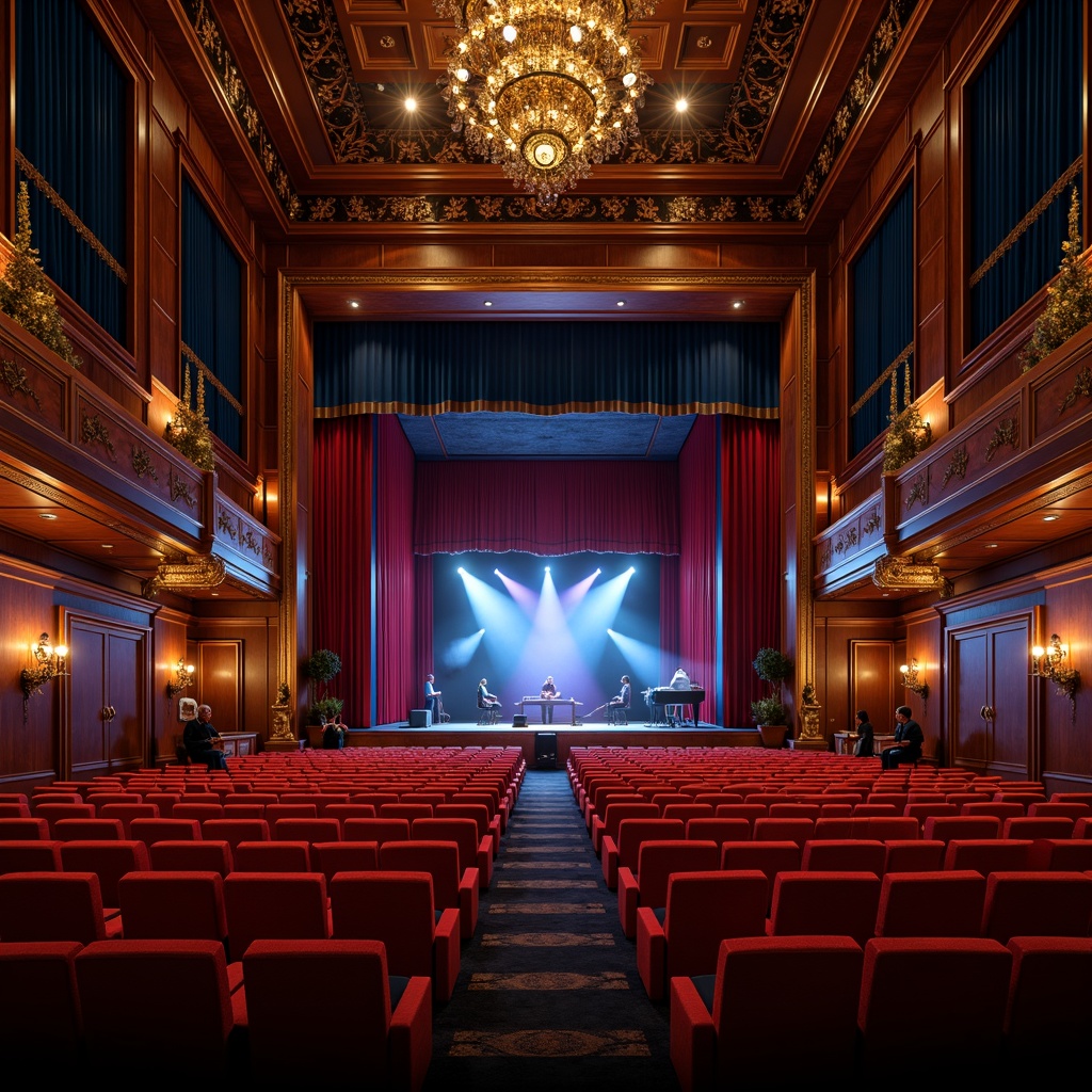 Prompt: Elegant auditorium interior, rich wood tones, plush red velvet seats, ornate golden details, sophisticated dark blue walls, dramatic spotlighting, warm soft lighting, luxurious thick curtains, refined acoustic panels, high ceilings, majestic chandeliers, lavish decorative elements, vibrant colorful stage lights, professional audio equipment, intimate atmosphere, 1/1 composition, shallow depth of field, realistic textures, ambient occlusion.