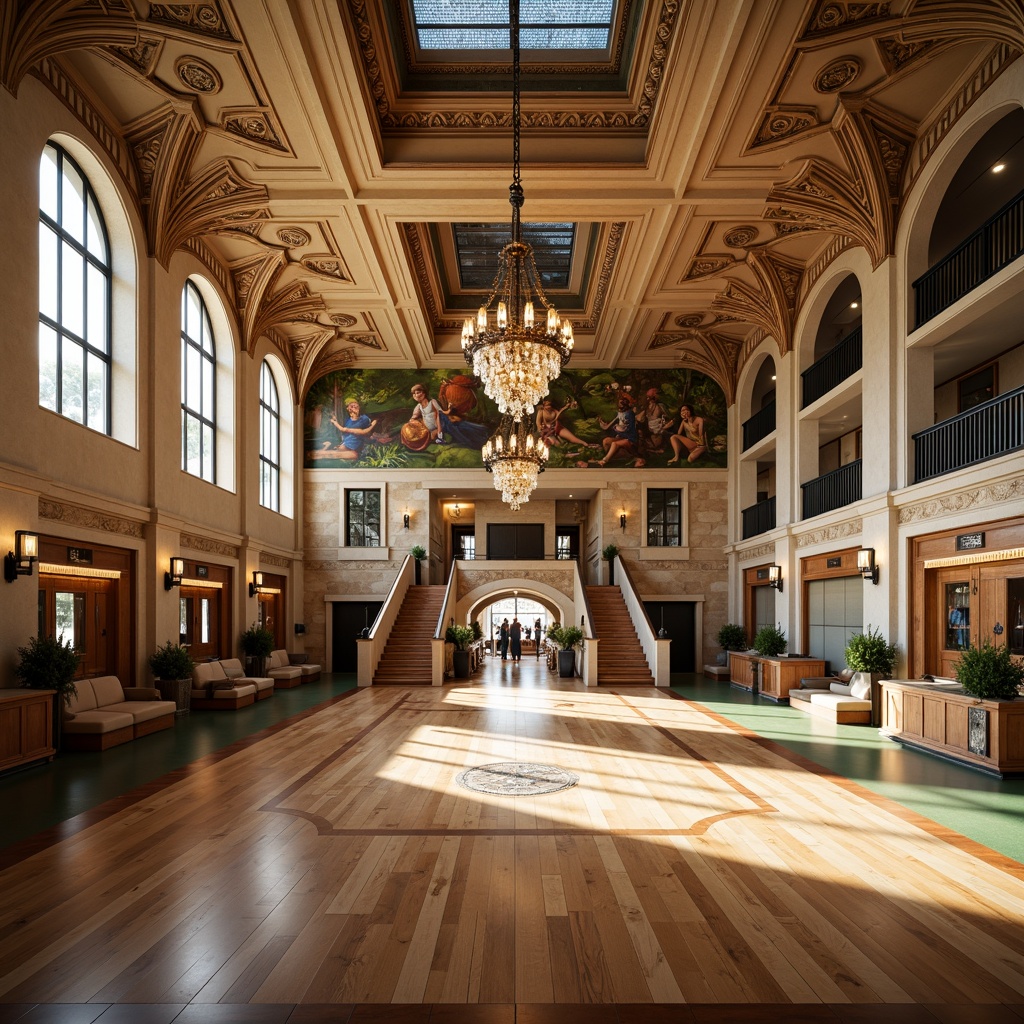 Prompt: Elegant gymnasium interior, ornate chandeliers, polished wooden floors, vibrant sports equipment, colorful murals, intricate stucco ceilings, grand staircases, luxurious locker rooms, marble countertops, decorative metal railings, arched windows, natural stone walls, rustic wood accents, warm atmospheric lighting, soft shadows, 3/4 composition, symmetrical framing, realistic textures, ambient occlusion.