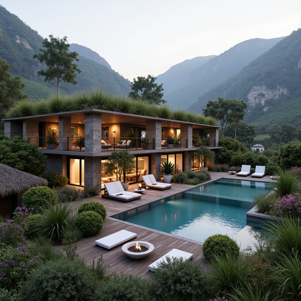 Prompt: Luxurious villa, seamless landscape integration, lush green roofs, natural stone walls, wooden decks, infinity pools, serene water features, surrounding mountains, misty atmosphere, soft warm lighting, 1/2 composition, atmospheric perspective, realistic textures, ambient occlusion, Mediterranean-style architecture, curved lines, earthy color palette, vibrant floral arrangements, outdoor living spaces, alfresco dining areas, cozy fire pits, panoramic views.