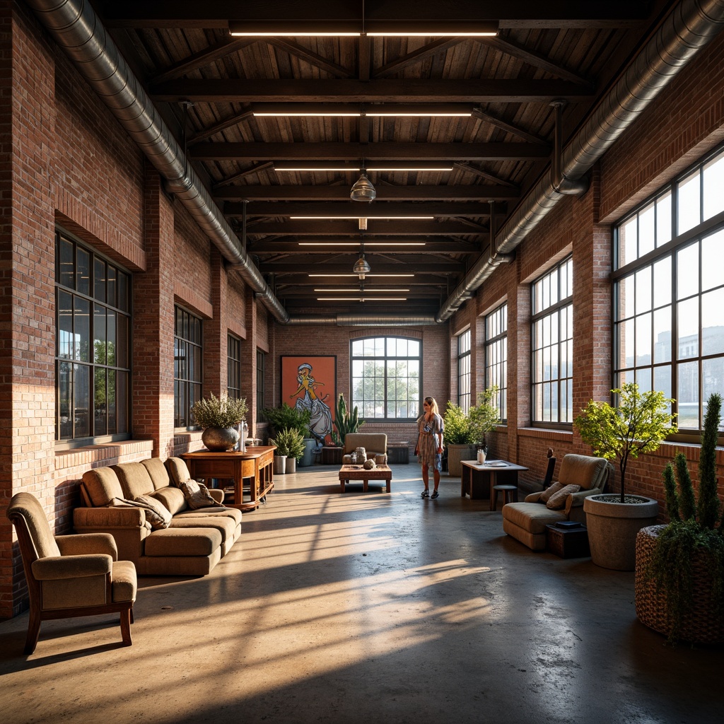 Prompt: Industrial warehouse, exposed brick walls, metal beams, rustic wooden floors, eclectic furniture, artistic sculptures, abstract murals, neon light installations, experimental architecture, innovative materials, futuristic design, angular lines, minimalist aesthetic, natural light pouring, soft warm ambiance, shallow depth of field, 1/1 composition, realistic textures, ambient occlusion.