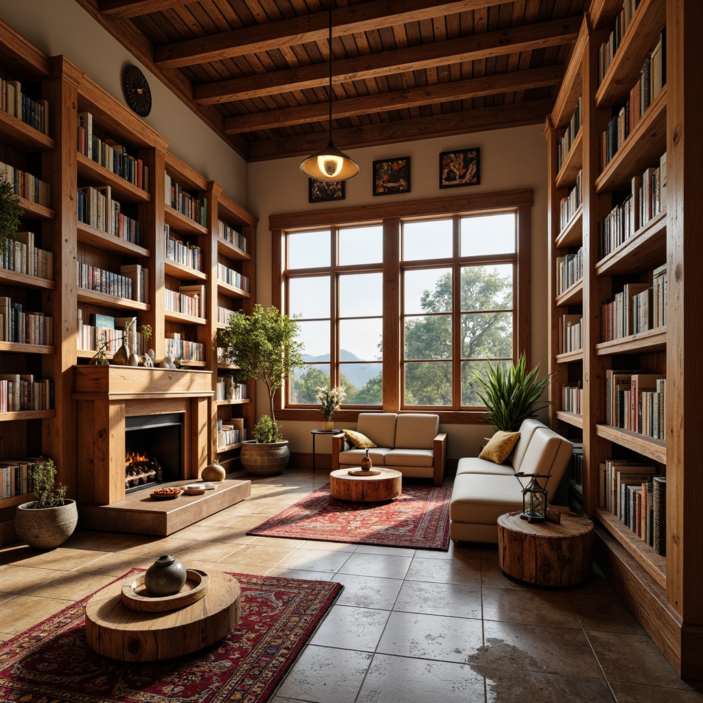 Prompt: Warm wooden accents, earthy tones, regional cultural symbols, cozy reading nooks, comfortable seating areas, natural stone flooring, wooden bookshelves, rustic metal lanterns, soft warm lighting, panoramic views of surrounding landscape, 3/4 composition, realistic textures, ambient occlusion, regional folk patterns, vibrant colorful rugs, intricate wood carvings, community-inspired artwork, open-plan layout, functional workspaces, collaborative study areas.