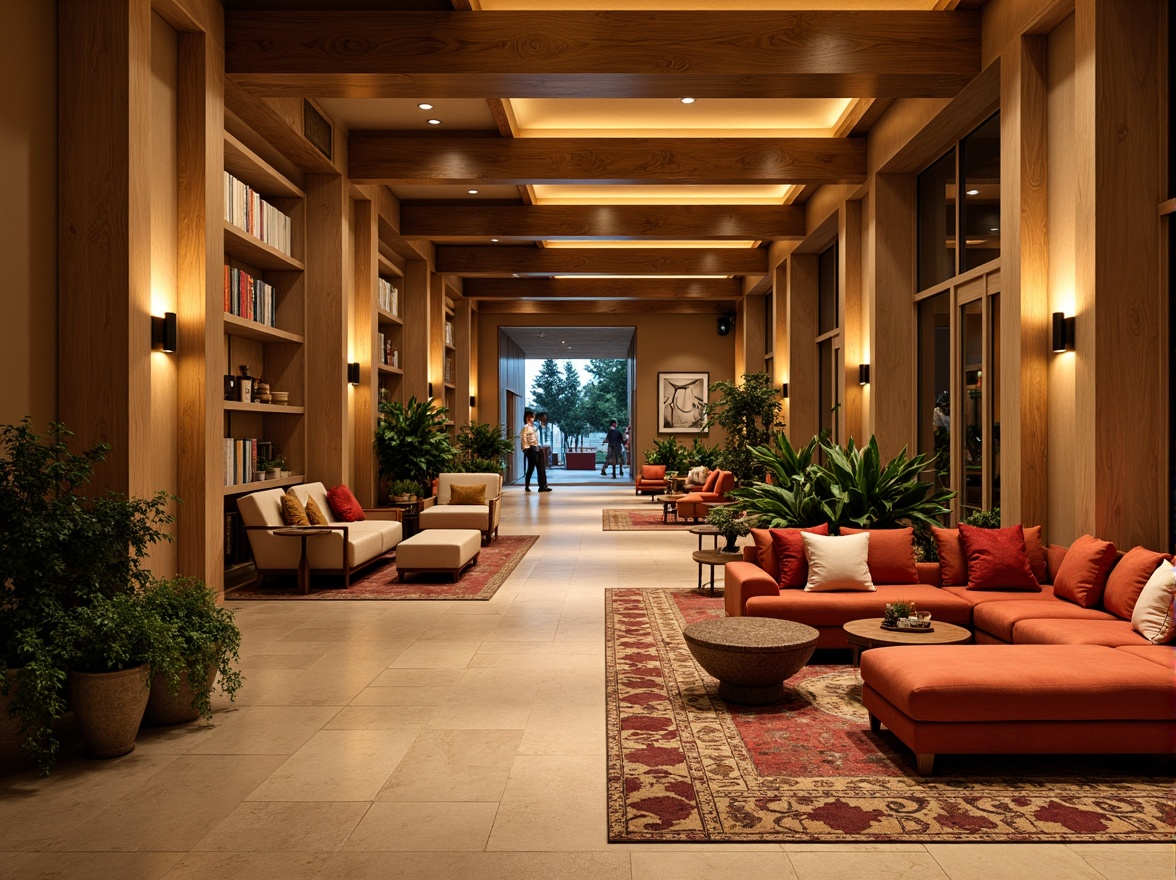 Prompt: Vibrant hotel lobby, rich wood accents, warm beige walls, plush velvet furniture, bold geometric patterns, soft golden lighting, cozy atmosphere, inviting color scheme, earthy tone inspiration, natural materials, organic textures, soothing ambiance, calming water features, serene botanical elements, elegant metallic details, sophisticated color palette, luxurious feel, intimate seating areas, dramatic ceiling designs.