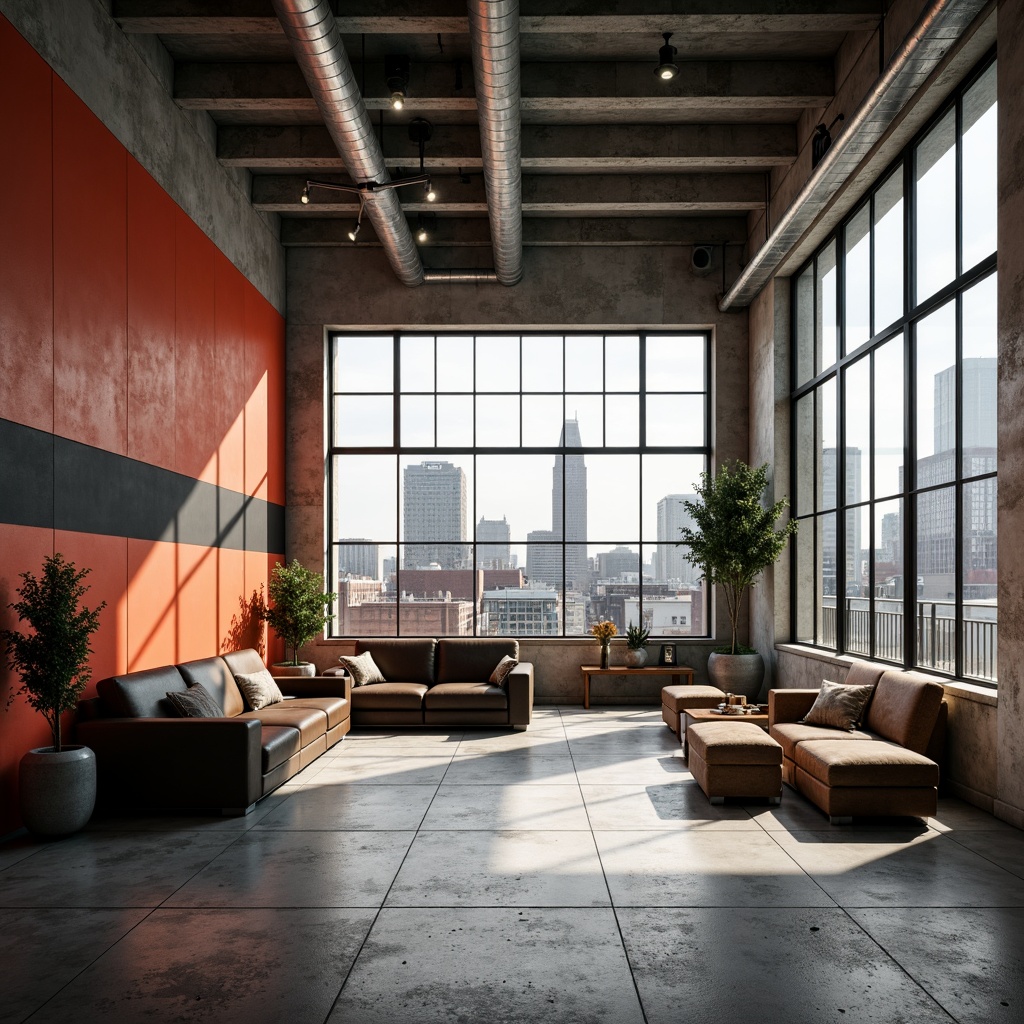 Prompt: Industrial backdrop, concrete walls, steel beams, exposed pipes, minimal ornamentation, primary color accents, geometric shapes, bold typography, functional simplicity, natural light pouring in, urban cityscape, brutalist architecture, rough-hewn wood textures, matte metal finishes, distressed leather upholstery, monochromatic color scheme, high-contrast lighting, dramatic shadows, 1/1 composition, low-angle shot, realistic renderings, ambient occlusion.