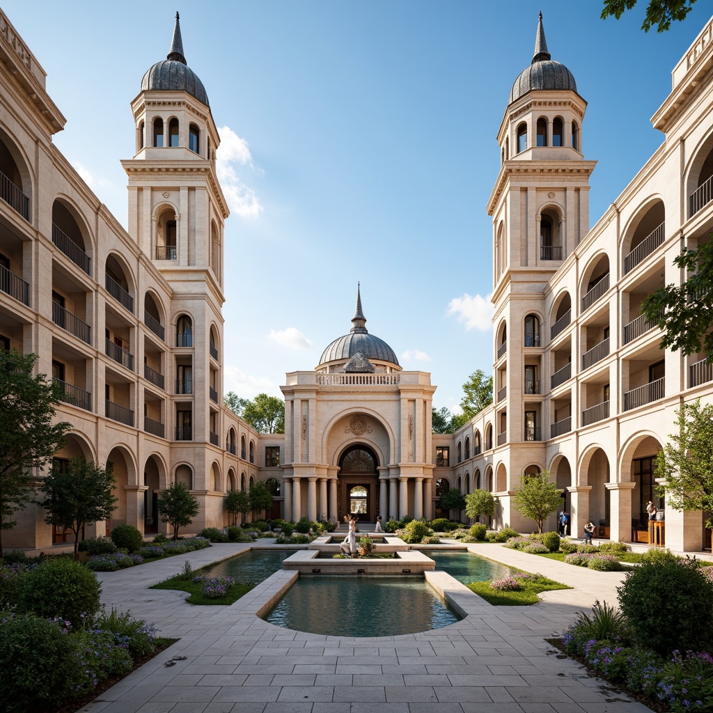 Prompt: Grand symmetrical entrance, majestic arches, perfect bilateral balance, identical twin towers, mirrored reflections, ornate decorations, intricate carvings, precise geometrical patterns, harmonious proportions, classical columns, elegant facades, refined stonework, majestic domes, central courtyard, serene water features, lush greenery, vibrant flowers, warm natural lighting, shallow depth of field, 1/1 composition, realistic textures, ambient occlusion.