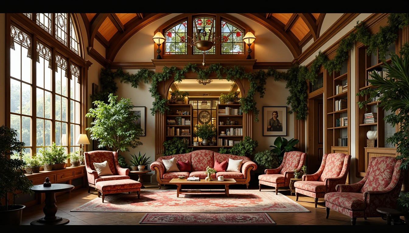 Prompt: Opulent social housing interior, Art Nouveau-inspired furniture, sinuous lines, flowing curves, organic motifs, lush greenery, vibrant textiles, intricate patterns, velvety soft upholstery, ornate metalwork, stained glass windows, warm golden lighting, cozy reading nooks, plush area rugs, wooden paneling, nature-inspired color palette, eclectic mix of vintage and modern decor, 3/4 composition, shallow depth of field, realistic textures, ambient occlusion.