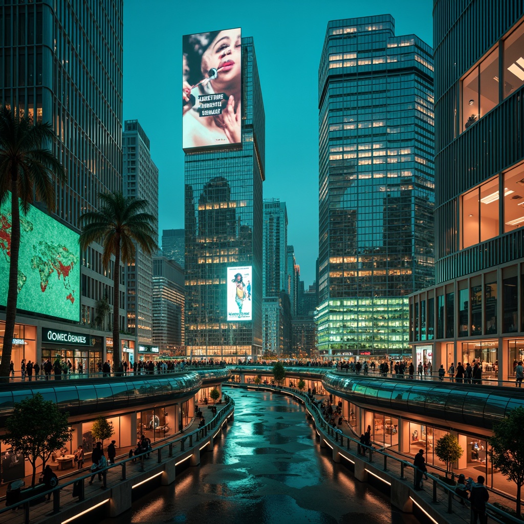 Prompt: Neon-lit cityscape, metallic skyscrapers, iridescent glass facades, holographic advertisements, cyberpunk ambiance, neon green accents, electric blue hues, vibrant orange tones, chrome finishes, mirrored reflections, LED light installations, futuristic transportation hubs, elevated pedestrian walkways, virtual reality landscapes, sleek minimalistic design, parametric architecture, algorithmic patterns, 3D-printed structures, atmospheric misting systems, soft gradient lighting, high-contrast color scheme, cinematic composition.