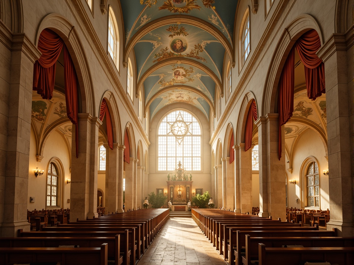 Prompt: Ethereal church interior, soft golden light, warm beige stone walls, rich velvet drapes, intricate wooden pews, stained glass windows, ornate Gothic arches, delicate frescoes, heavenly blue ceiling, subtle cream accents, rustic terracotta flooring, vintage lanterns, dramatic vaulted ceilings, mystical ambiance, warm candlelight, serene atmosphere, 1/2 composition, shallow depth of field, soft focus, elegant lines.