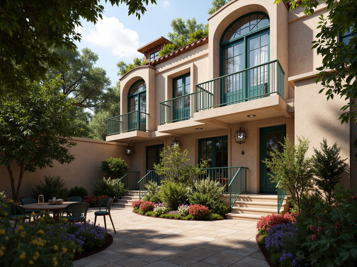 Prompt: Elegant townhouse, ornate fa\u00e7ade, sinuous lines, organic forms, flowing curves, vibrant turquoise accents, decorative ironwork, stained glass windows, rustic stone walls, lush greenery, blooming flowers, serene courtyard, natural light pouring in, warm cozy atmosphere, soft warm lighting, shallow depth of field, 3/4 composition, realistic textures, ambient occlusion.