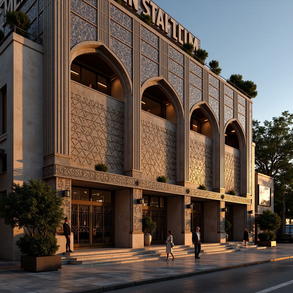 Prompt: Ornate Art Deco stadium facade, geometric patterned walls, metallic accents, grand entrance archways, ornamental gates, curved lines, zigzag motifs, luxurious materials, marble floors, bronze doors, vintage signage, nostalgic lighting fixtures, stepped silhouettes, symmetrical composition, low-angle shot, dramatic shadows, warm golden hour lighting, realistic reflections, intricate details.