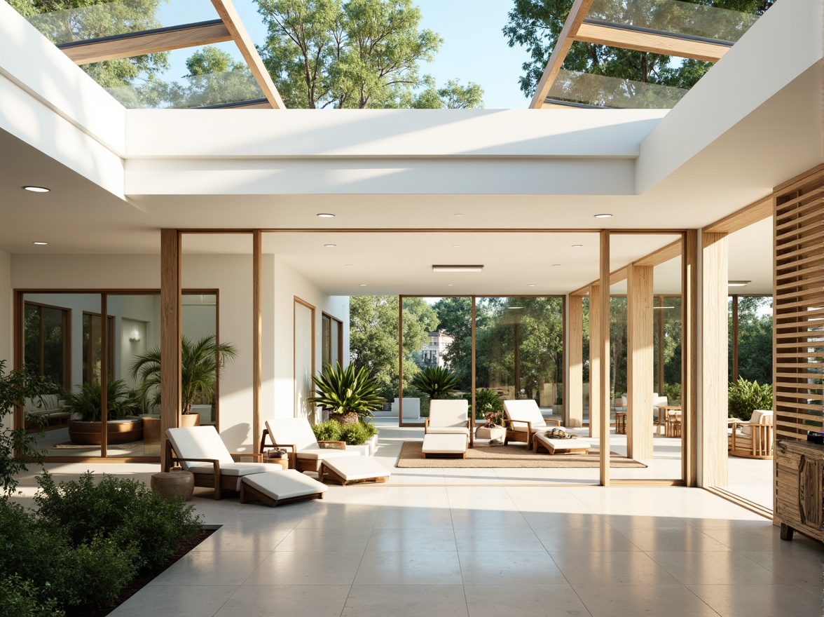 Prompt: Spacious open-plan interior, floor-to-ceiling windows, sliding glass doors, clerestory rooflights, skylights, transparent roofing materials, minimalist decor, reflective surfaces, polished concrete floors, white walls, wooden accents, greenery integration, lush plants, natural textiles, warm beige tones, soft diffused lighting, ambient shadows, 1/1 composition, shallow depth of field, realistic rendering.