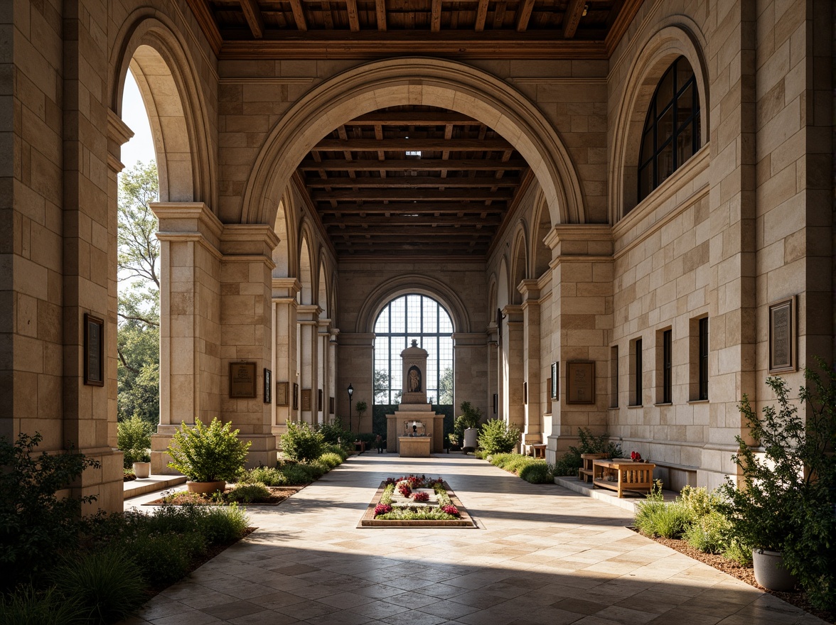 Prompt: Ancient memorial center, grand archways, Romanesque columns, ornate carvings, weathered stone walls, intricately patterned floors, vaulted ceilings, stained glass windows, warm soft lighting, shallow depth of field, 1/1 composition, symmetrical view, realistic textures, ambient occlusion, historic landmark, solemn atmosphere, commemorative plaques, lush greenery, blooming flowers.