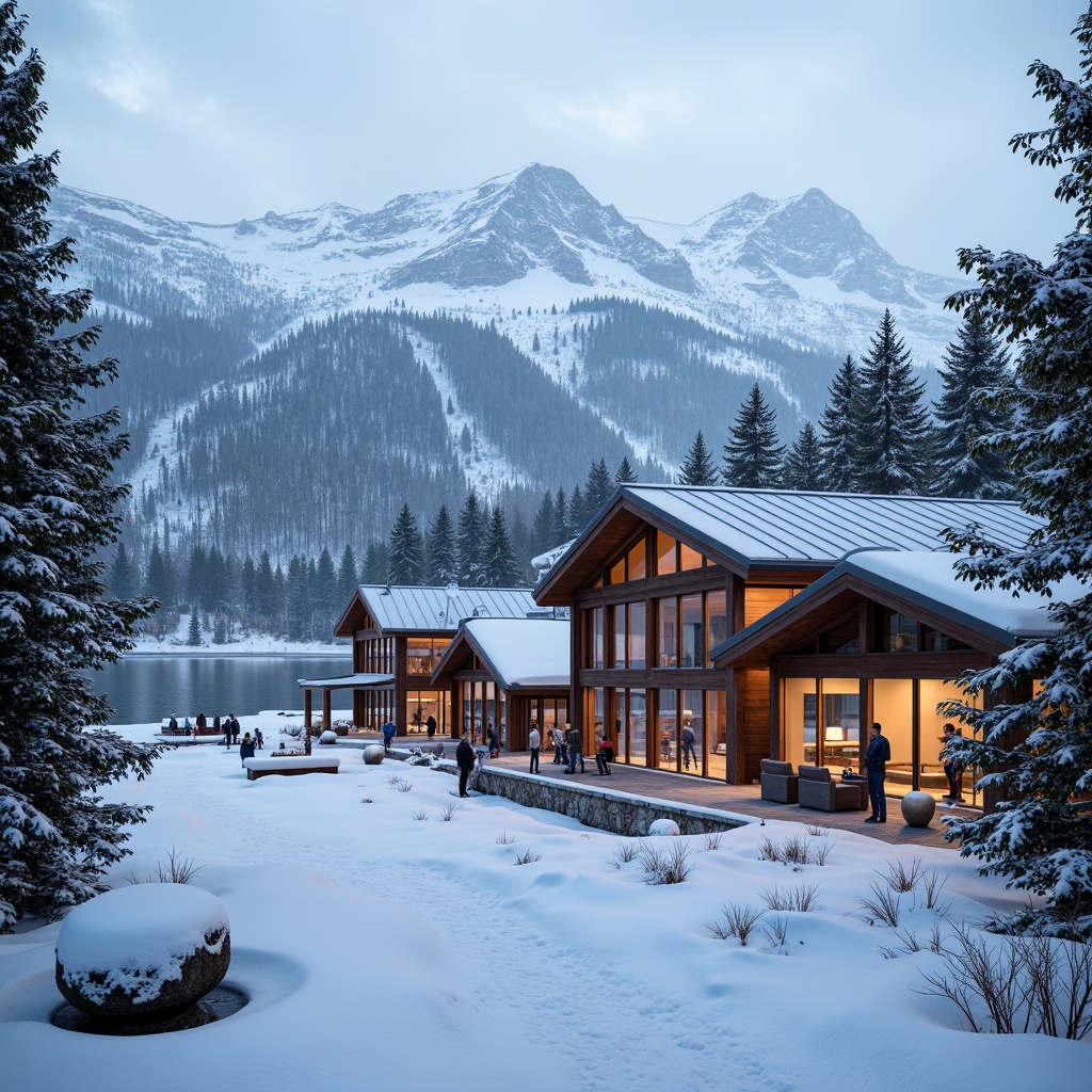 Prompt: Snow-capped mountain peaks, frozen lakes, ski lifts, snow-covered pine trees, rustic wooden chalets, modern ski center architecture, large glass windows, metal rooflines, stone walls, outdoor fireplaces, warm lighting, cozy atmosphere, winter sports equipment, ski racks, snowshoes, sleds, frosty mornings, powdery snow, misty forests, frozen waterfalls, serene mountain scenery, 1/2 composition, shallow depth of field, realistic textures.