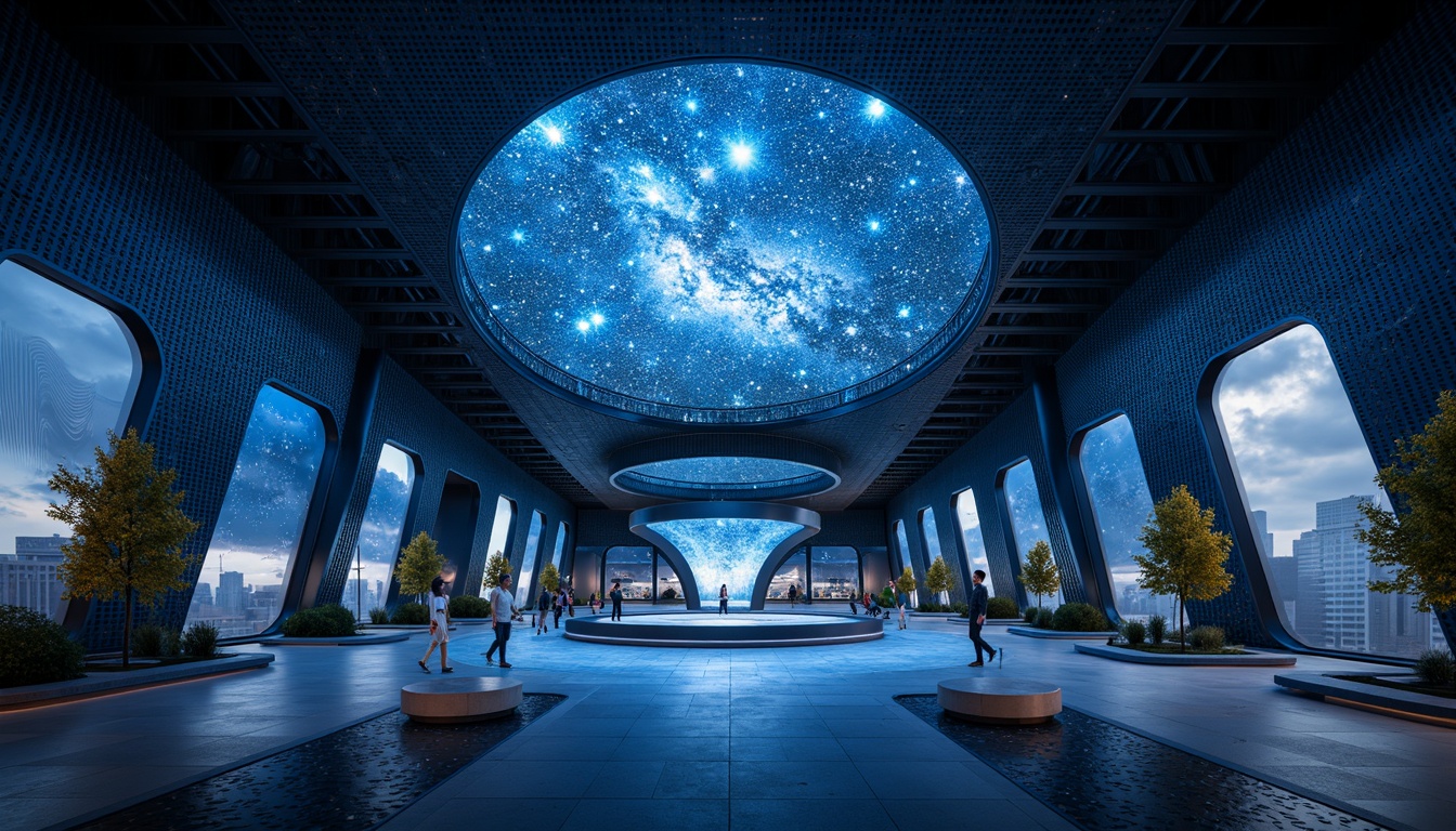 Prompt: Futuristic planetarium, high-tech facade, sleek metallic materials, geometric patterns, LED light installations, starry night sky projections, dome-shaped architecture, 360-degree panoramic views, state-of-the-art telescopes, interactive exhibits, virtual reality experiences, minimalist interior design, neon-lit corridors, dark blue tone color scheme, ambient futuristic soundscapes, shallow depth of field, 1/1 composition, cinematic lighting, realistic reflections, ambient occlusion.