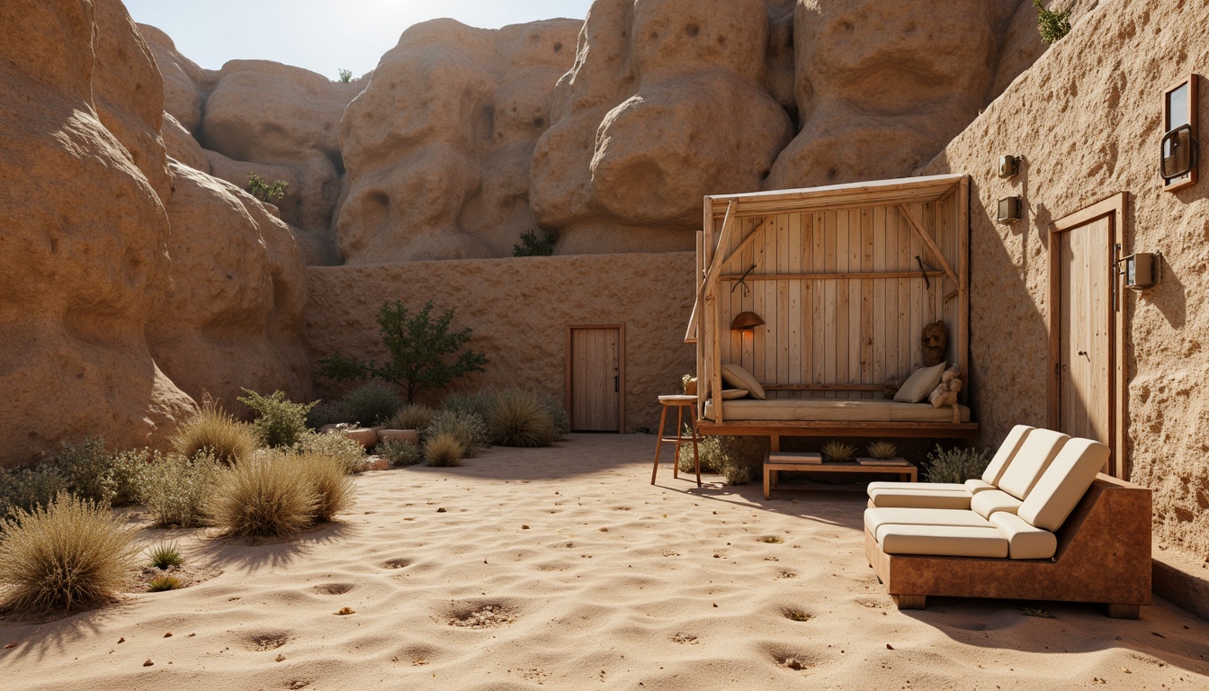 Prompt: Desert landscape, sandy dunes, khaki-colored rock formations, weathered wooden planks, rusty metal accents, vintage military-inspired elements, earthy tone color palette, rough organic textures, natural stone walls, woven fiber details, warm beige fabrics, distressed leather upholstery, metallic rivets, aged wood grain patterns, subtle gradient maps, realistic ambient occlusion.