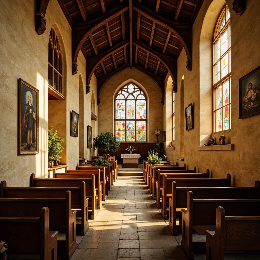 Prompt: Rustic stone church, vintage romanticism style, soft golden light, warm beige walls, rich wood accents, ornate wooden pews, stained glass windows, vibrant red, blue, and yellow hues, intricate Gothic arches, grandiose vaulted ceilings, ornamental frescoes, subtle earthy tones, muted greenery, serene atmosphere, dramatic shadows, high contrast lighting, 1/2 composition, shallow depth of field, warm color grading.