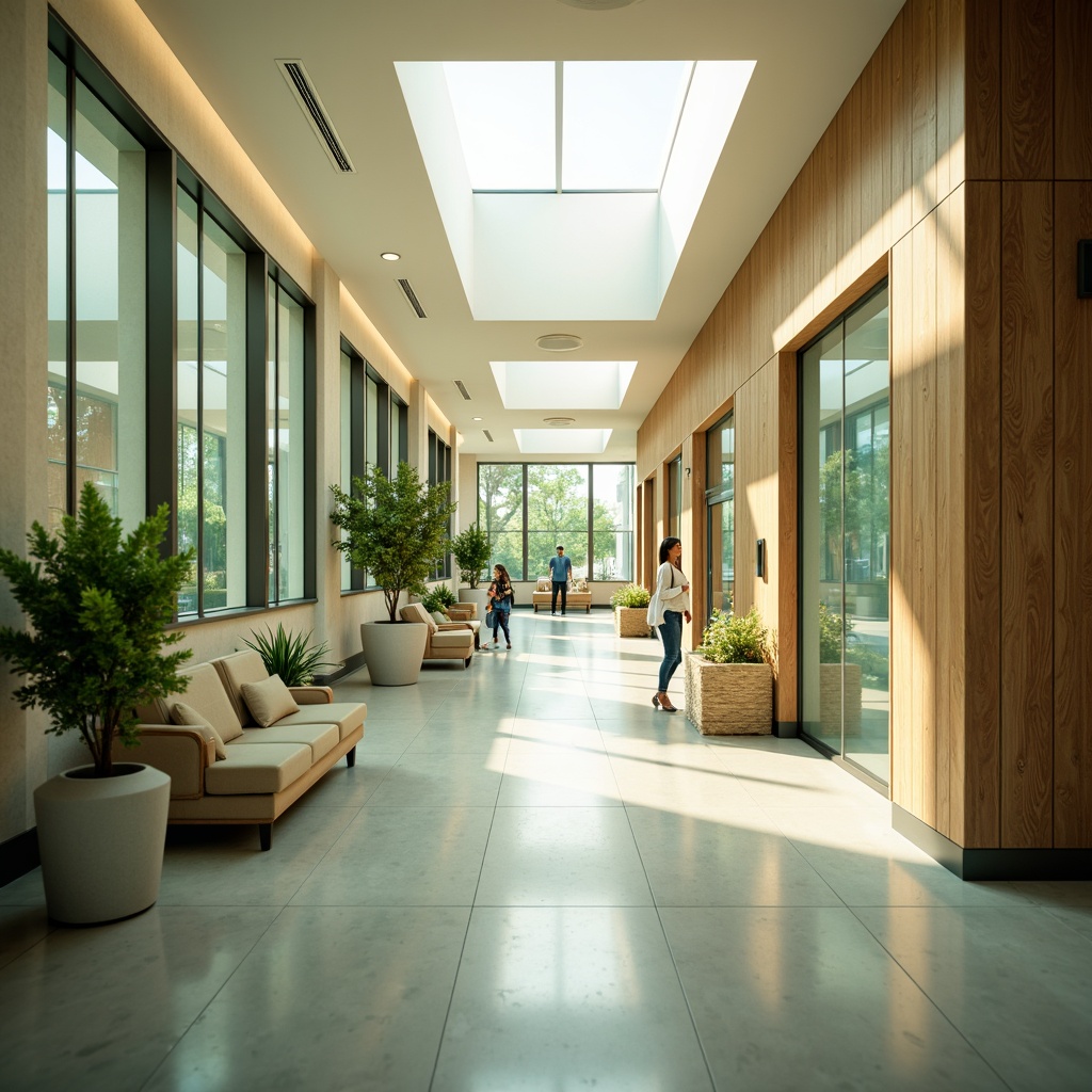 Prompt: Soothing hospital corridors, warm natural light, clerestory windows, soft diffused illumination, calming ambiance, minimalist decor, pastel color palette, comfortable waiting areas, gentle wood accents, serene water features, lush green walls, abundant plants, airy open spaces, modern medical equipment, futuristic technology integration, subtle texture variations, shallow depth of field, 1/1 composition, realistic lighting simulation.