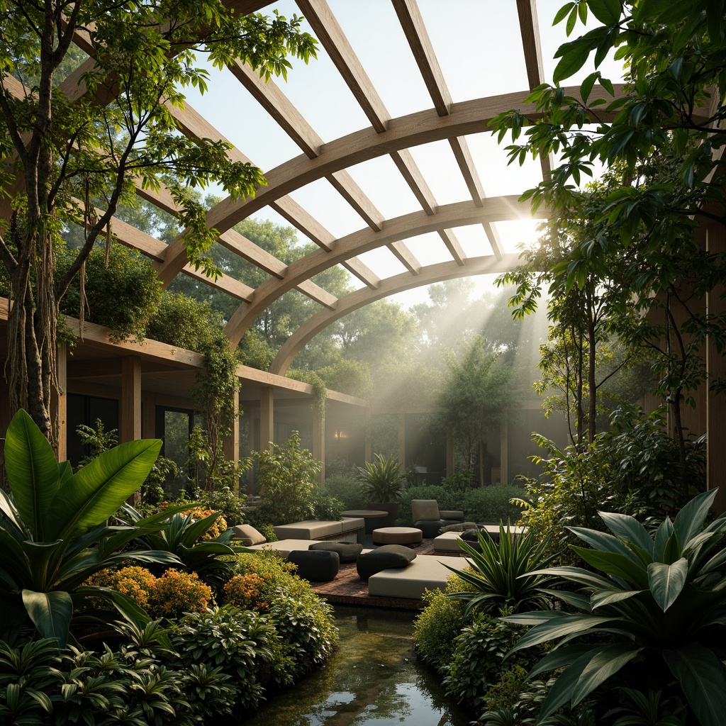 Prompt: Lush tropical plants, misty atmosphere, warm natural light, organic textures, wooden trellises, curved glass roofs, steel frames, automatic vents, evaporative cooling systems, humidification units, climate control sensors, solar-powered fans, energy-efficient heating, living walls, green roofs, aerial roots, exotic flowers, vibrant colors, soft focus, shallow depth of field, 1/2 composition, warm color palette.