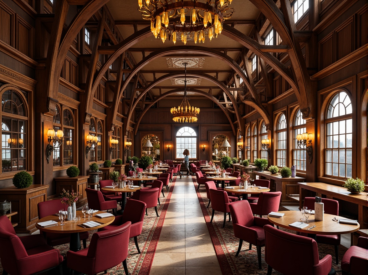 Prompt: Opulent dining hall, intricately curved wooden furniture, sinuous lines, organic forms, luxurious velvet upholstery, polished bronze accents, stained glass windows, ornate mirrors, grand chandeliers, richly patterned rugs, dark wood paneling, elegant archways, natural stone flooring, warm golden lighting, shallow depth of field, 2/3 composition, soft focus, atmospheric perspective.