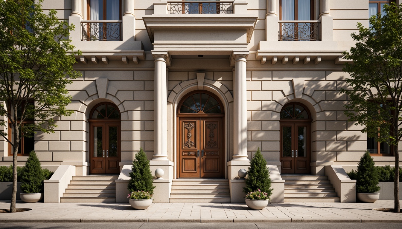 Prompt: Elegant classical facade, ornate details, Corinthian columns, symmetrical composition, rusticated stone walls, arched windows, decorative cornices, carved wooden doors, wrought iron railings, grand entrance, imposing scale, subtle color palette, warm natural lighting, slight weathering effects, shallow depth of field, 1/2 composition, realistic textures, ambient occlusion.Please let me know if this meets your expectations!