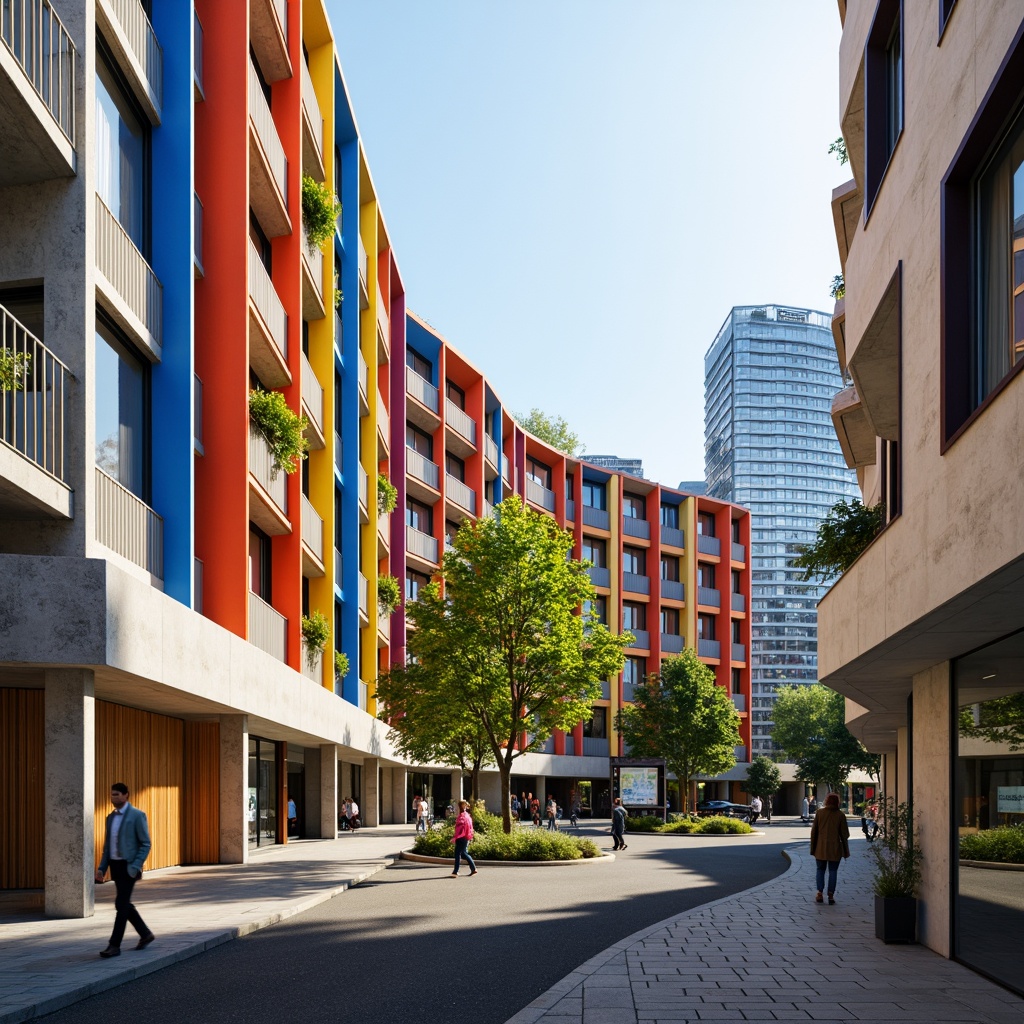 Prompt: Vibrant hospital social housing facade, curved lines, modern architecture, large windows, balconies with greenery, colorful exterior walls, textured concrete finishes, wooden accents, natural stone cladding, steel beams, cantilevered structures, urban cityscape background, busy streets, pedestrian walkways, sunny day, soft warm lighting, shallow depth of field, 1/1 composition, realistic textures, ambient occlusion.Let me know if you need any adjustments!