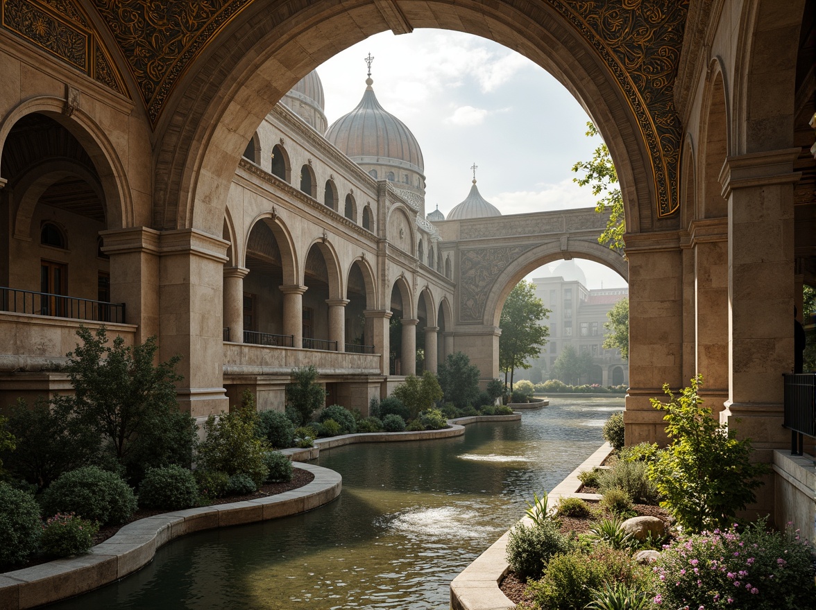 Prompt: Ancient bridge archways, ornate Byzantine details, grandiose domes, intricate stone carvings, majestic pillars, golden mosaics, warm earthy tones, rustic stone textures, meandering rivers, lush green riverbanks, misty morning atmosphere, soft diffused lighting, shallow depth of field, 1/2 composition, realistic water simulations, ambient occlusion.