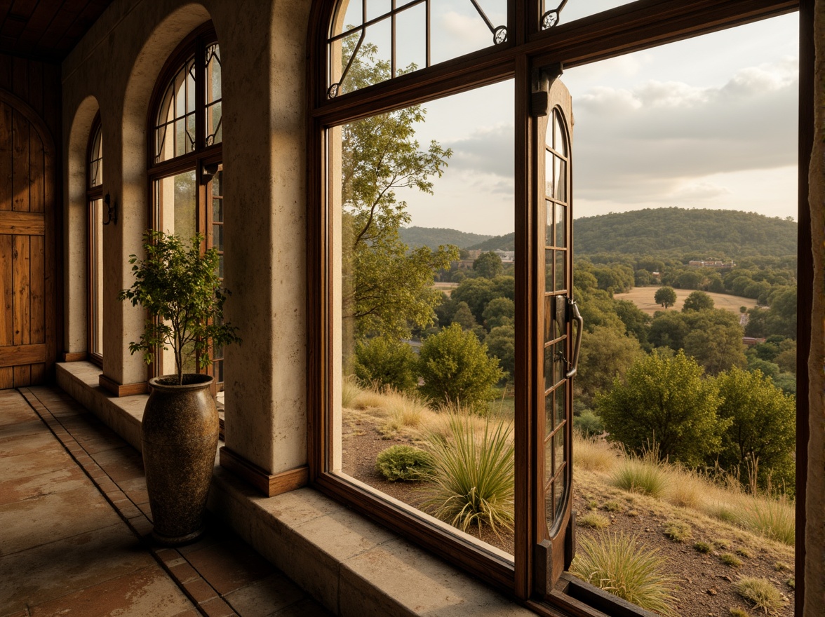 Prompt: Rustic rural landscape, rolling hills, vintage farmhouse, ornate Art Deco windows, curved metal frames, geometric patterns, earthy tones, wooden shutters, distressed finishes, nostalgic atmosphere, warm golden lighting, shallow depth of field, 1/1 composition, symmetrical view, realistic textures, ambient occlusion.