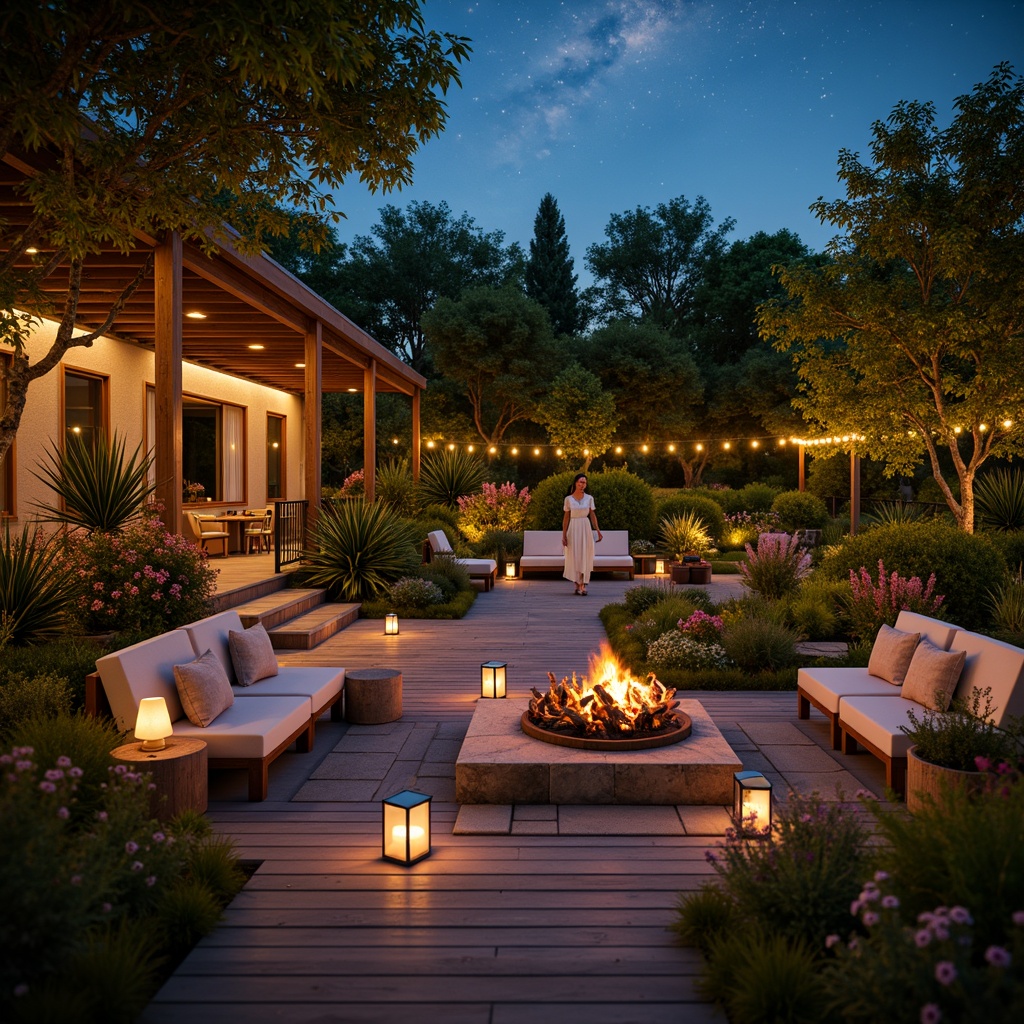 Prompt: Cozy patio, warm lanterns, lush greenery, comfortable seating areas, wooden decking, natural stone flooring, soft cushions, vibrant flowers, tranquil water features, gentle fountains, soothing soundscapes, aromatic gardens, rustic fire pits, twinkling string lights, starry night sky, relaxed atmosphere, 1/2 composition, shallow depth of field, warm golden lighting.