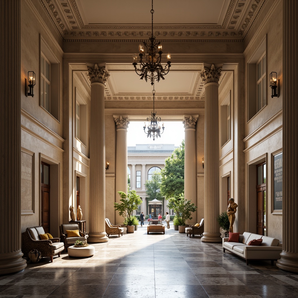 Prompt: Grand neoclassical facade, ornate columns, symmetrical architecture, marble flooring, high ceilings, spacious interior, elegant chandeliers, refined moldings, luxurious furnishings, sophisticated color palette, harmonious proportions, balanced composition, subtle lighting, soft shadows, realistic textures, ambient occlusion, 3/4 composition, panoramic view, interior courtyard, lush greenery, serene atmosphere, warm afternoon light.