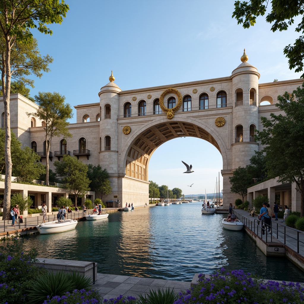 Prompt: Majestic Byzantine-style bridge, grand arches, ornate stone carvings, golden accents, rustic wooden piers, serene waterfront, rippling water reflections, sailboats, seagulls, Mediterranean-inspired landscape, lush greenery, vibrant flowers, warm sunny day, soft gentle lighting, 1/2 composition, symmetrical framing, atmospheric perspective, detailed textures, subtle ambient occlusion.