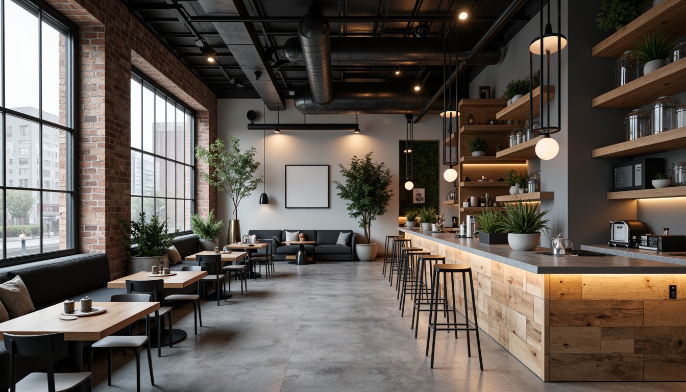 Prompt: Gray-toned coffee shop interior, minimalist decor, industrial chic accents, reclaimed wood tables, metal chairs, exposed brick walls, concrete floors, modern pendant lighting, cozy corner sofas, rustic wooden shelves, warm gray stone countertops, earthy planters, industrial-style metal beams, soft warm ambient lighting, 1/1 composition, shallow depth of field, realistic textures, subtle color gradations.Please let me know if this meets your expectations!