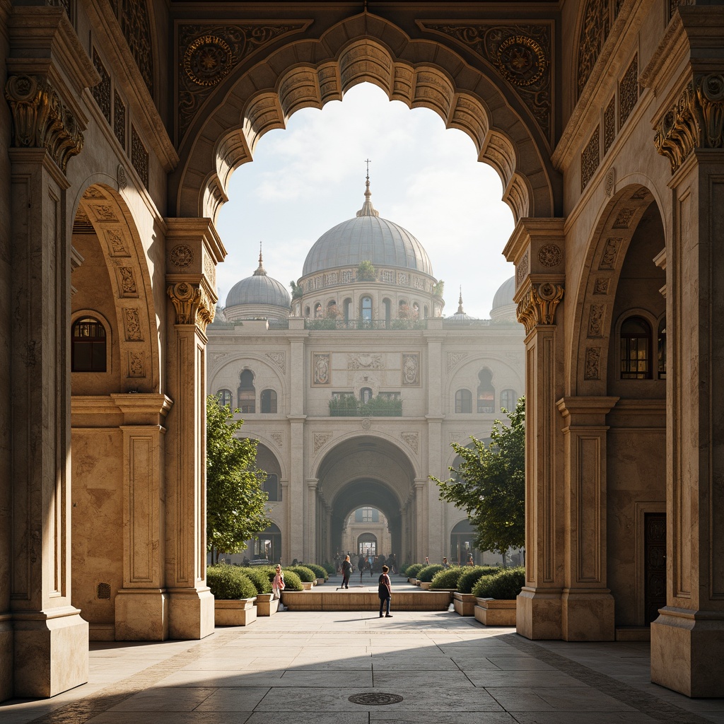 Prompt: Intricate archways, ornate stone carvings, grandiose bridge structures, Byzantine-inspired architecture, symmetrical facades, rounded domes, golden accents, warm beige stones, majestic river crossings, serene urban landscapes, misty morning atmosphere, soft diffused lighting, 1/2 composition, atmospheric perspective, highly detailed textures, ambient occlusion.