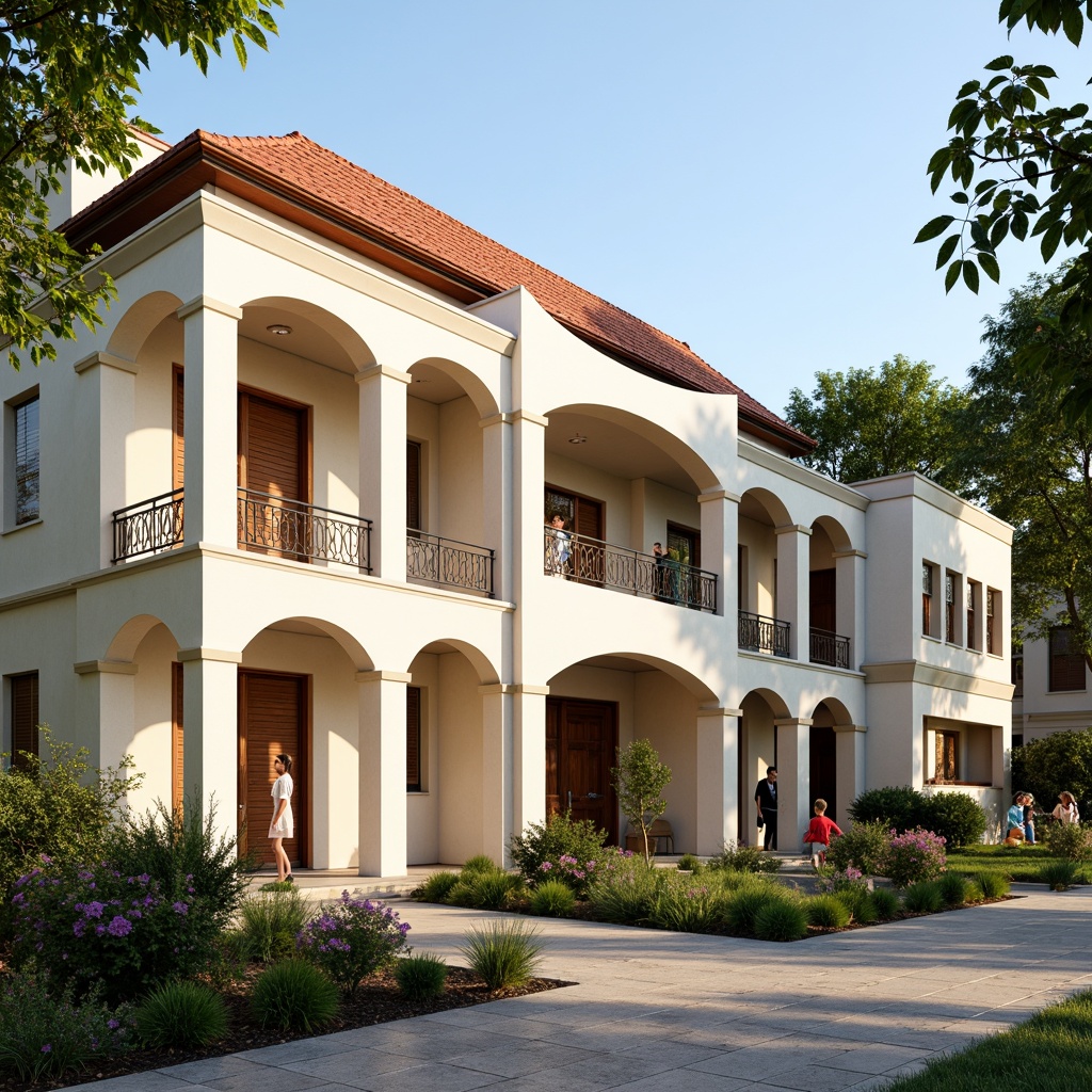 Prompt: Elegant kindergarten facade, symmetrical columns, ornate moldings, soft cream walls, red terracotta roofing, grand entrance archways, ornamental metal railings, lush greenery, blooming flowers, vibrant playground equipment, educational signage, natural stone pathways, classic architectural details, subtle warm lighting, shallow depth of field, 1/2 composition, realistic textures, ambient occlusion.