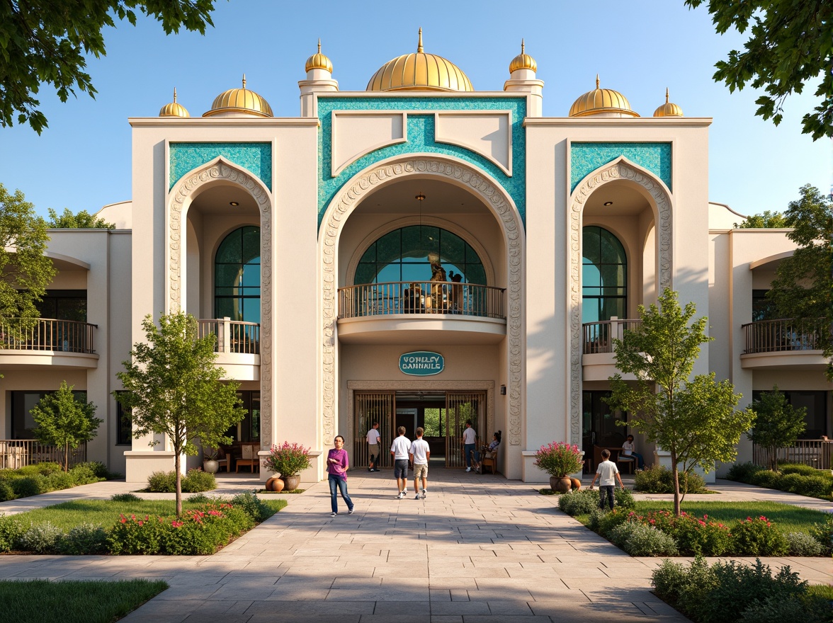 Prompt: Majestic youth center facade, ornate Byzantine arches, intricate stone carvings, vibrant turquoise mosaics, golden domes, grand entrance gates, ornamental metalwork, lush greenery, blooming flowers, natural stone walkways, warm sunny day, soft warm lighting, shallow depth of field, 3/4 composition, panoramic view, realistic textures, ambient occlusion, grand atrium, high ceilings, spacious interior, comfortable seating areas, modern amenities, interactive exhibit spaces, dynamic color schemes.