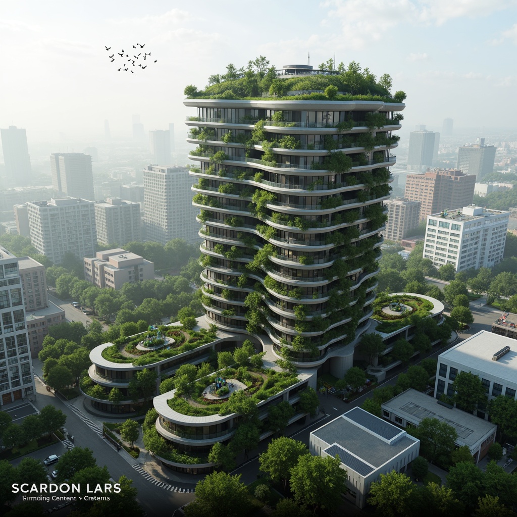 Prompt: Biomimetic skyscraper, green roofs, solar panels, wind turbines, water harvesting systems, organic curves, natural ventilation, living walls, recycled materials, low-carbon footprint, futuristic urban landscape, vibrant urban gardens, misty morning atmosphere, soft diffused lighting, 1/1 composition, realistic textures, ambient occlusion.