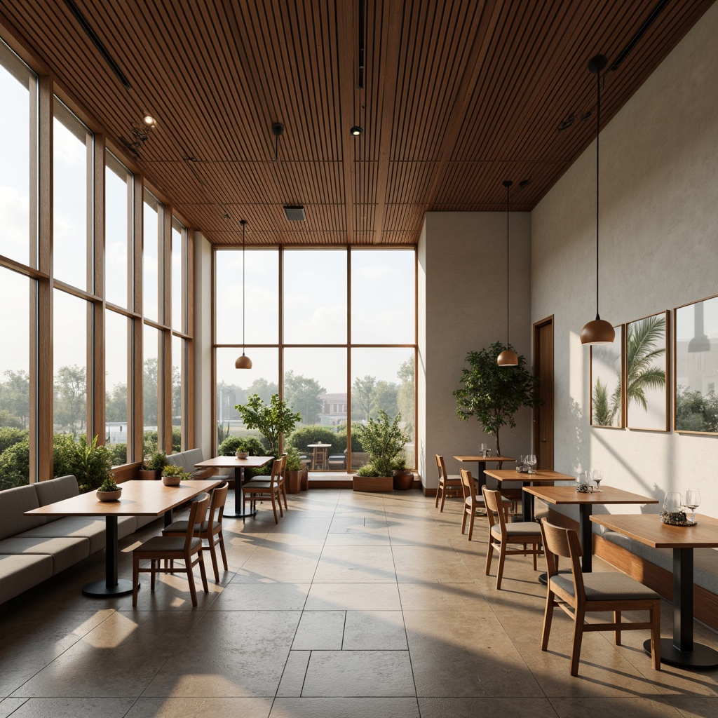 Prompt: Minimalist dining hall, open layout, natural stone flooring, sleek wooden tables, modern chairs, pendant lighting, floor-to-ceiling windows, abundant natural light, simplistic decor, neutral color palette, sparse greenery, modern artwork, subtle textures, 1/1 composition, shallow depth of field, soft warm lighting.