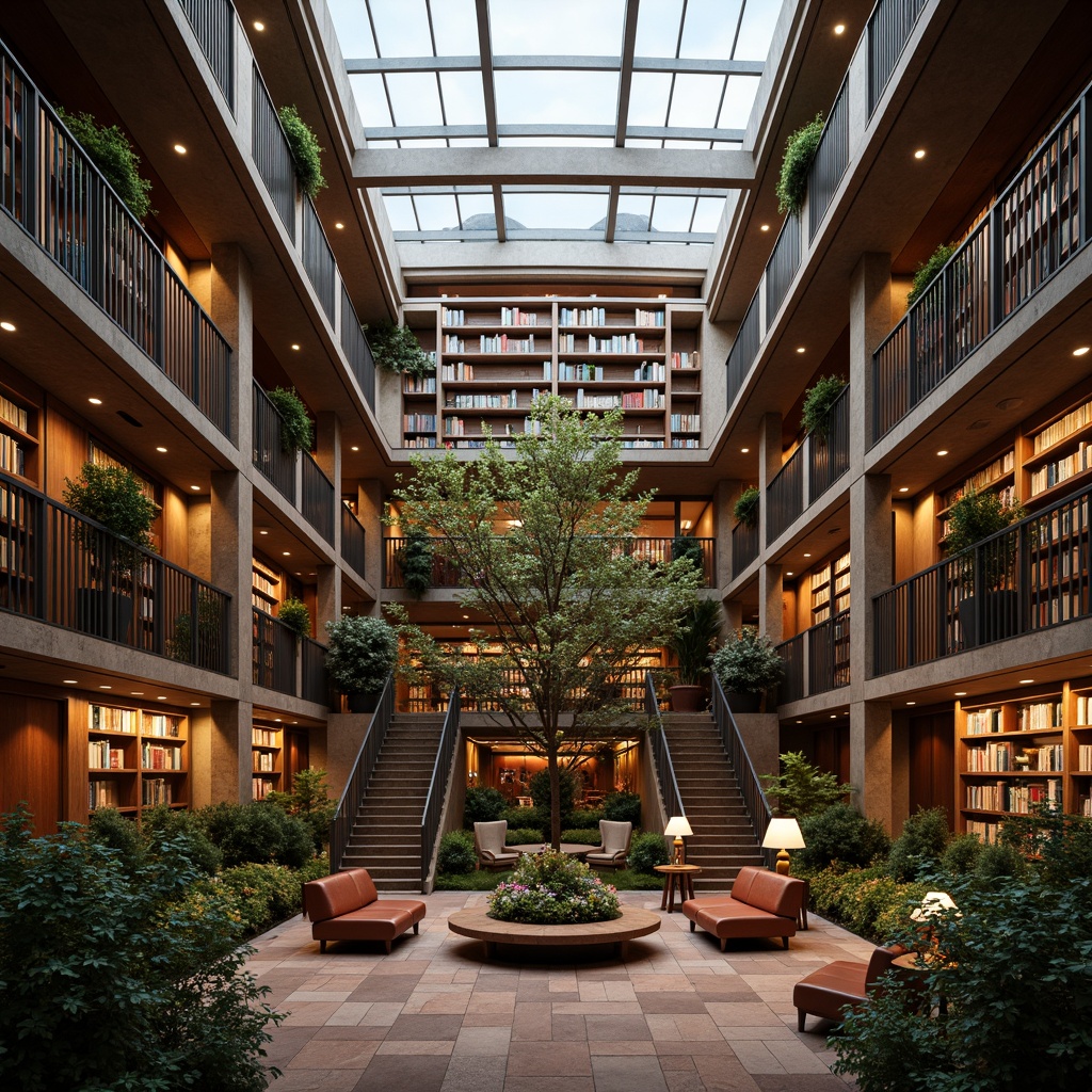 Prompt: Cozy library interior, warm natural lighting, large windows, skylights, clerestory windows, soft diffused light, comfortable reading nooks, wooden bookshelves, leather armchairs, quiet atmosphere, peaceful ambiance, subtle color palette, earthy tones, stone walls, rustic wood accents, ornate metal railings, grand staircase, open atrium, lush greenery, vibrant flowers, natural materials, sustainable design, energy-efficient systems, soft warm glow, shallow depth of field, 3/4 composition, realistic textures, ambient occlusion.