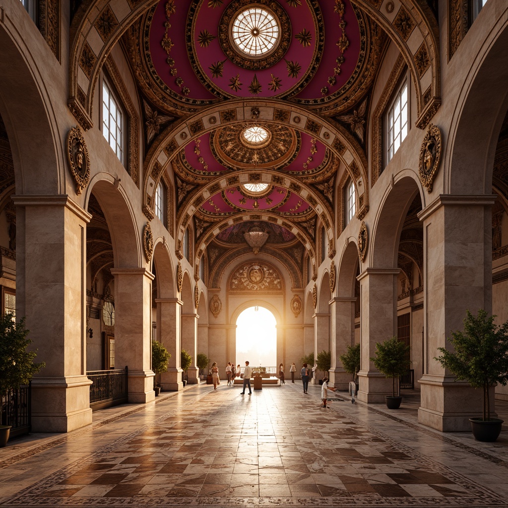 Prompt: Intricate stone carvings, ornate domes, grand archways, vibrant fuchsia accents, rich gold details, luxurious marble floors, intricate mosaics, ornamental columns, Byzantine-inspired patterns, dramatic lighting effects, warm golden hour, shallow depth of field, 1/1 composition, realistic textures, ambient occlusion.