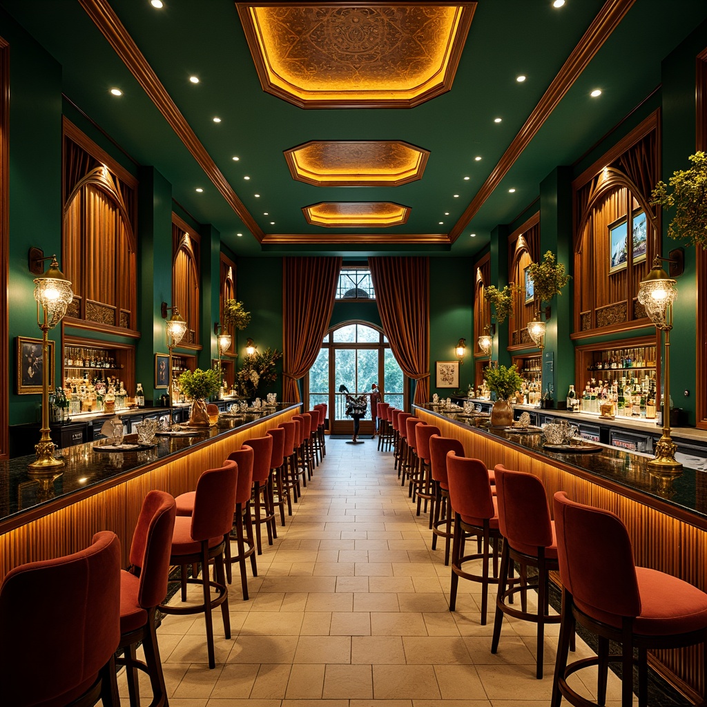 Prompt: Luxurious bar interior, Art Nouveau architecture, rich jewel tones, emerald green walls, amber lighting, bronze metal accents, ornate wooden paneling, velvet drapes, stained glass windows, curved lines, organic shapes, luxurious fabrics, golden hardware, marble countertops, warm beige floors, soft warm glow, shallow depth of field, 1/1 composition, realistic textures, ambient occlusion.