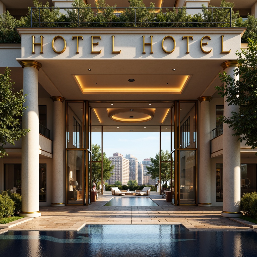 Prompt: Luxurious hotel facade, grand entrance, ornate details, golden accents, lavish lighting, spacious porte-cochere, elegant columns, sophisticated materials, modern minimalist lines, floor-to-ceiling windows, sliding glass doors, rooftop infinity pool, sun-kissed terraces, vibrant cityscape, warm sunny day, soft natural light, shallow depth of field, 3/4 composition, realistic textures, ambient occlusion.