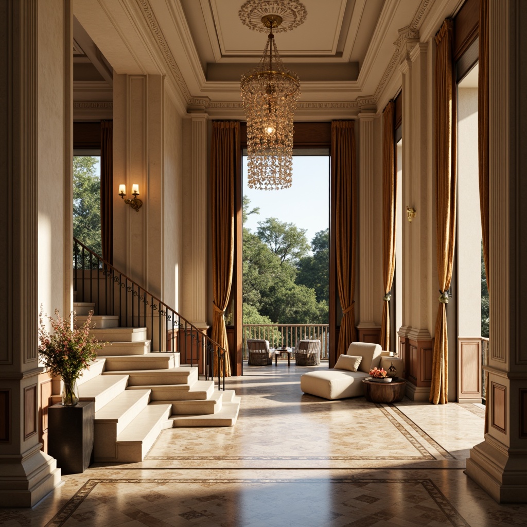 Prompt: Elegant modern villa, symmetrical facade, ornate columns, carved wooden doors, grand entrance halls, sweeping staircases, intricate moldings, luxurious marble floors, crystal chandeliers, lavish furnishings, rich velvet drapes, ornamental patterns, subtle color palette, warm golden lighting, shallow depth of field, 2/3 composition, soft focus background, realistic textures, ambient occlusion.