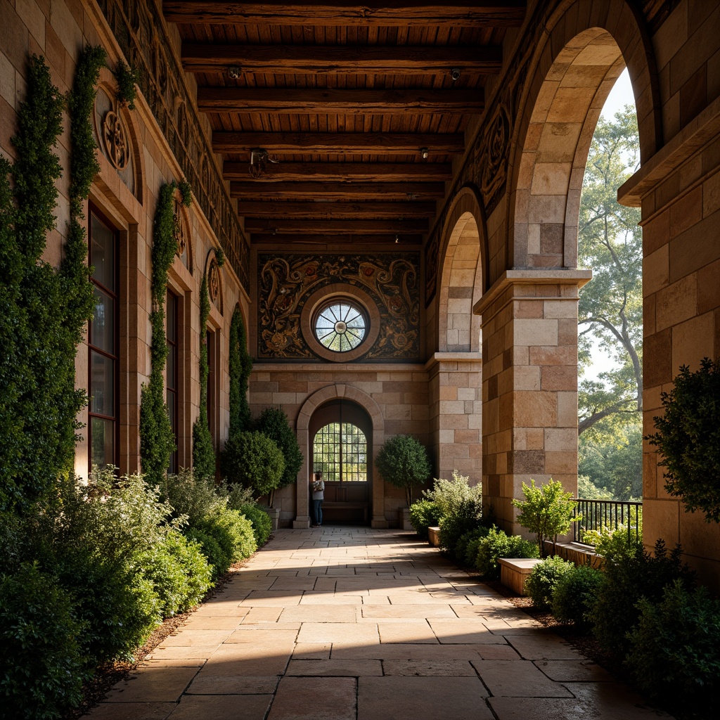 Prompt: Rustic stone walls, ornate carvings, grand arches, vaulted ceilings, stained glass windows, intricate mosaics, weathered bronze accents, rough-hewn wooden beams, earthy terracotta tones, lush greenery, ivy-covered facades, dramatic chiaroscuro lighting, 3/4 composition, low-angle shot, rich atmospheric perspective.