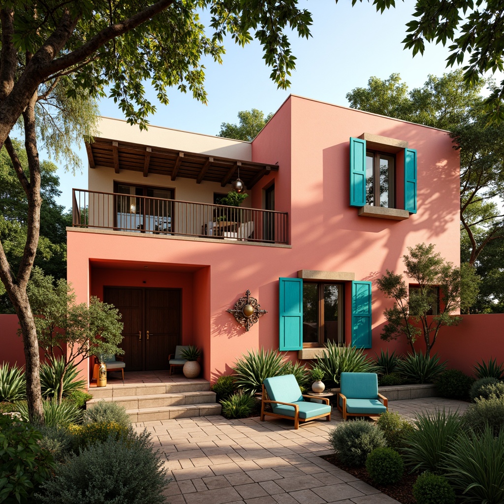 Prompt: Vibrant residential exterior, eclectic architecture style, bold color palette, bright coral walls, turquoise accents, creamy white trim, warm beige stucco, rich wood tones, ornate metal details, intricate tile work, lush greenery, overhanging plants, natural stone pathways, whimsical decorative elements, ornate lighting fixtures, soft warm glow, shallow depth of field, 1/1 composition, realistic textures, ambient occlusion.