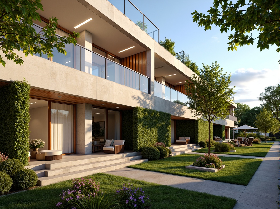 Prompt: Vibrant residential facade, modern minimalist architecture, large windows, sliding glass doors, balconies with railings, green walls, vertical gardens, LED lighting installations, warm neutral color palette, textured concrete finishes, wooden accents, cozy outdoor seating areas, lush greenery, blooming flowers, sunny day, soft warm lighting, shallow depth of field, 3/4 composition, panoramic view, realistic textures, ambient occlusion.