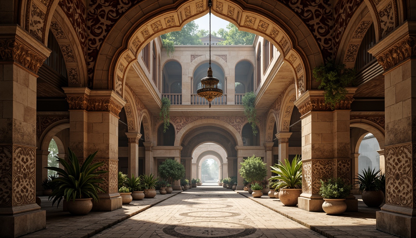 Prompt: Intricate archways, ornate stone carvings, grandiose bridges, majestic Byzantine style architecture, rustic masonry, earthy tones, ornamental columns, vibrant mosaic patterns, golden accents, imposing structural systems, dramatic lighting effects, atmospheric mist, shallow depth of field, 1/2 composition, realistic textures, ambient occlusion.