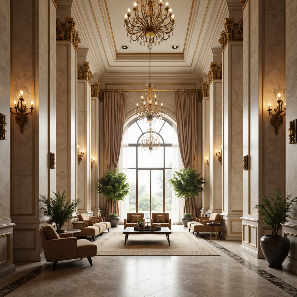 Prompt: Elegant classic mansion, ornate facades, grandiose columns, rich marble textures, subtle warm beige, soft ivory whites, muted earthy tones, lavish gold accents, sophisticated bronze hardware, refined velvet furnishings, opulent crystal chandeliers, majestic high ceilings, dramatic arched windows, serene natural light, shallow depth of field, 2/3 composition, warm soft focus, realistic rendering.