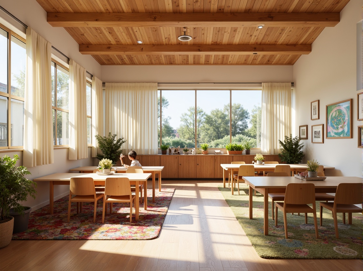 Prompt: Cozy suburban school, natural wood accents, soft white curtains, gentle folds, warm sunlight filtering, calm atmosphere, educational posters, vibrant colorful rugs, modern minimalist furniture, sleek metal frames, double-hung windows, thermal insulation, energy-efficient glazing, subtle patterned shades, soothing color palette, 1/1 composition, realistic reflections, ambient occlusion.