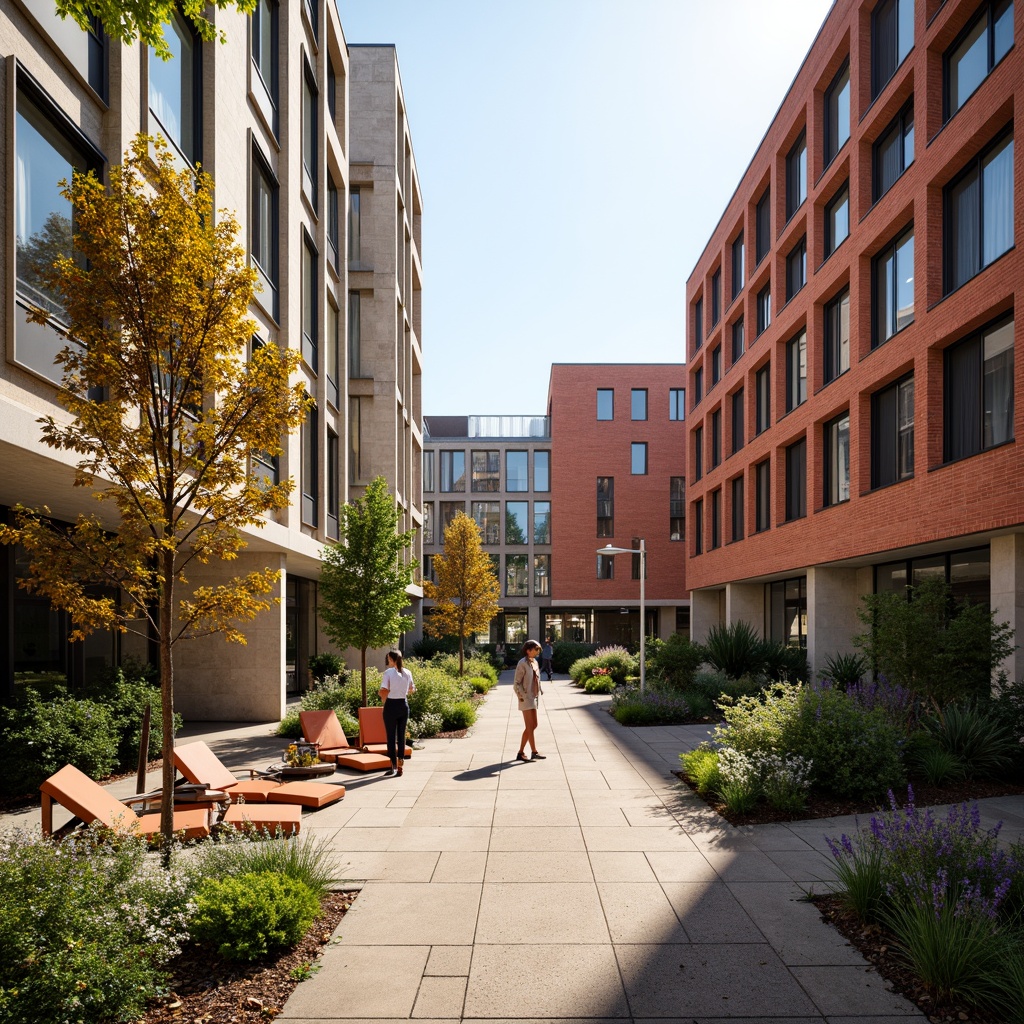 Prompt: Vibrant university campus, modern international style architecture, bold red brick buildings, sleek glass facades, metallic accents, neutral beige stone walls, rich wood tones, lush greenery, blooming flowers, sunny day, soft warm lighting, shallow depth of field, 3/4 composition, panoramic view, realistic textures, ambient occlusion, earthy brown pathways, geometric patterned paving, abstract sculptures, minimalist landscaping, vibrant colorful outdoor furniture, eclectic street art.