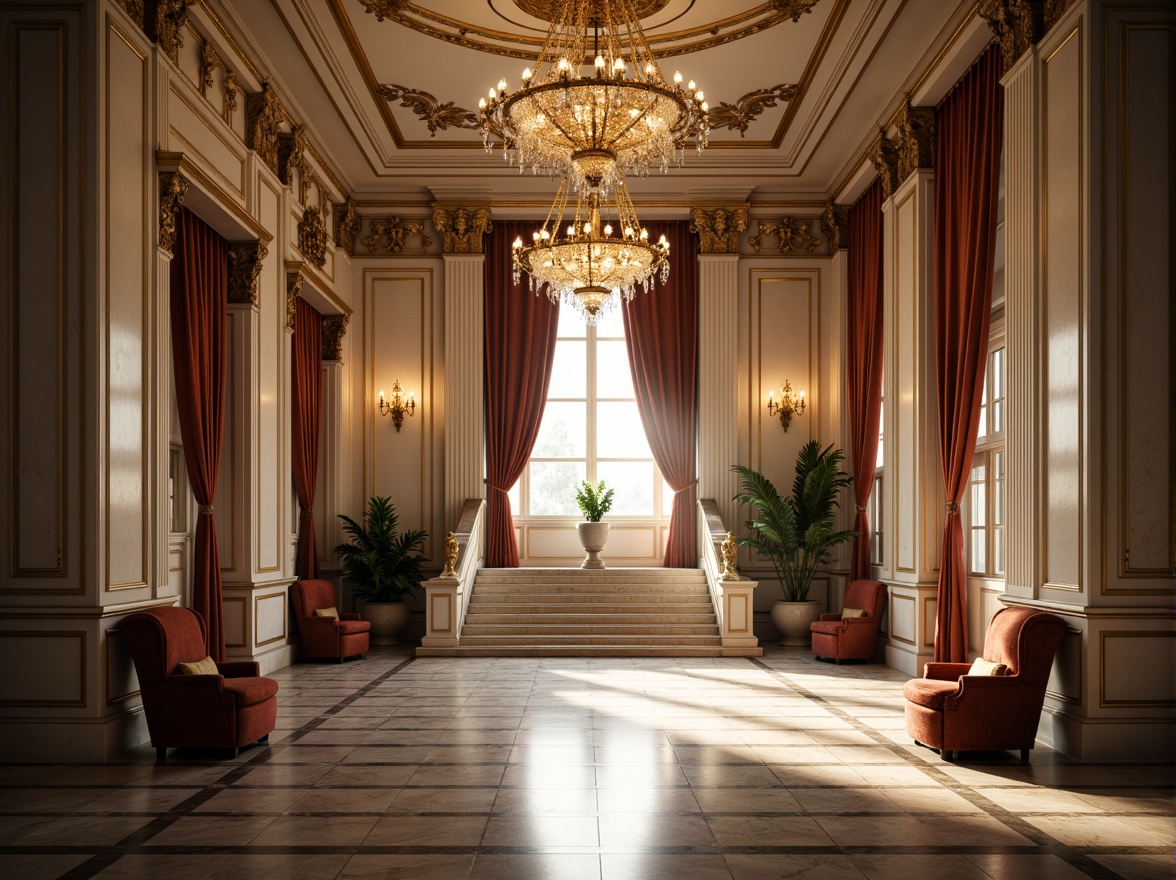 Prompt: Elegant neoclassical interior, ornate chandeliers, crystal droplets, soft warm glow, marble floors, high ceilings, grand staircases, luxurious furnishings, velvet drapes, golden accents, intricate moldings, symmetrical compositions, subtle shadows, dramatic uplighting, warm color temperatures, ambient occlusion, 1/1 composition, realistic textures, detailed normal maps.