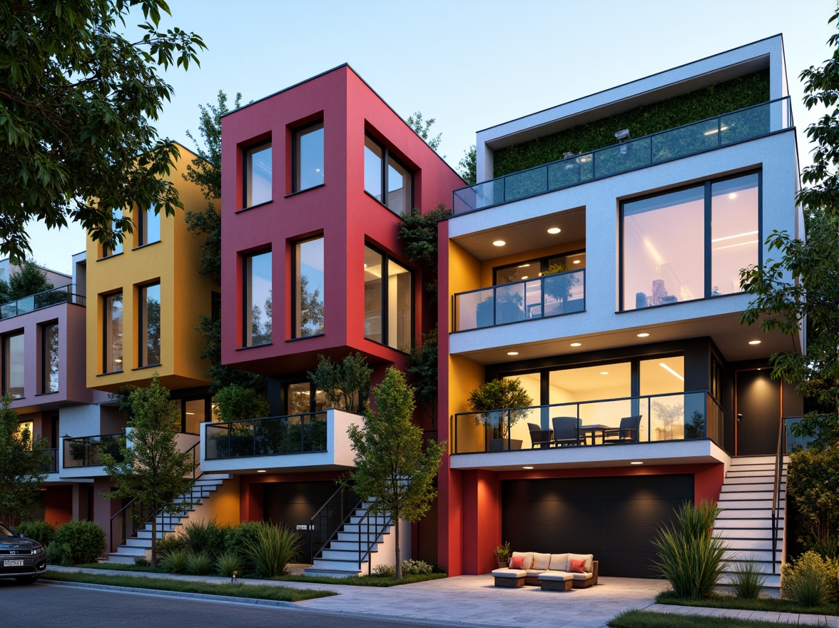 Prompt: Vibrant residential streetscape, modern townhouses, asymmetrical facades, bold color blocking, contrasting textures, large windows, sliding glass doors, vertical green walls, solar panels, cantilevered balconies, minimalist railings, cozy outdoor seating areas, warm ambient lighting, shallow depth of field, 1/1 composition, realistic materials, soft focus blur, serene evening atmosphere.